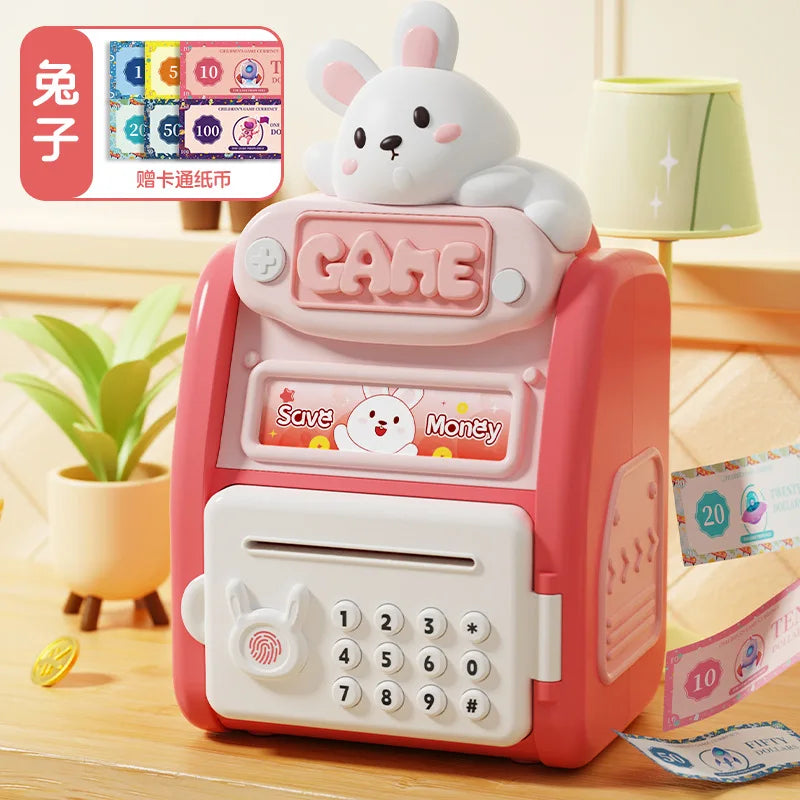 Cute Multifun Ctional Fingerprint Password Lock Intelligent Fully Automatic Coin Rolling Mechanism Suitable Piggy Bank for Kids