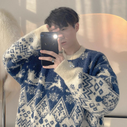 Winter Color blocked Jacquard Christmas Theme Sweater Men's Trendy Brand Loose Warm Hooded Knitted Sweater