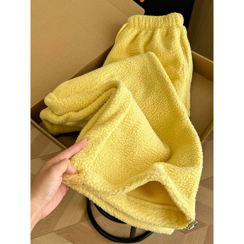 High Waist Fleece Lined Casual Sweatpants Women's Autumn Winter Thickened Lamb Velvet Wide Leg Cotton Pants Leisure Sport Tro...