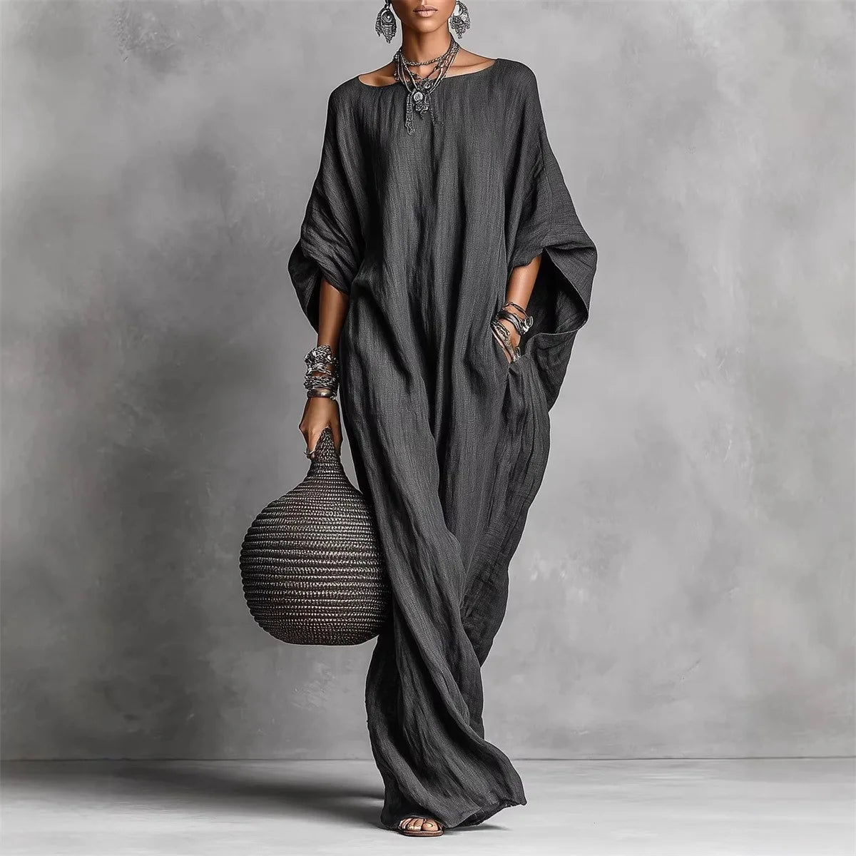 2026 cross-border women's clothing European and American solid color temperament long-sleeved one-line collar long casual dress