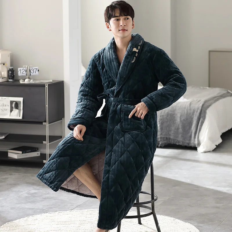 Big Size M-2XL Men Bath Robe 3 Layer Clip Cotton Bathrobe Male Dressing Gown Pijamas Hombre