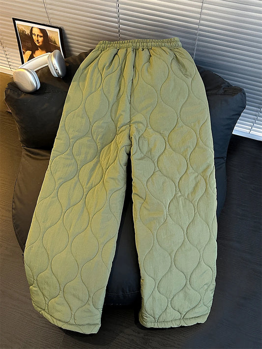 Men's Winter Cotton Trousers Warmth Insulation Straight Leg Drawstring Ankle Length Pure Color Gourd Pattern Outdoor Wear