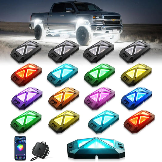 C4 RGBW LED Rock Lights,IP68 Waterproof 16 Pods 360° Ultra-Bright 4-Sided Wide Beam Angle Underglow Neon Accent Lighting Kit