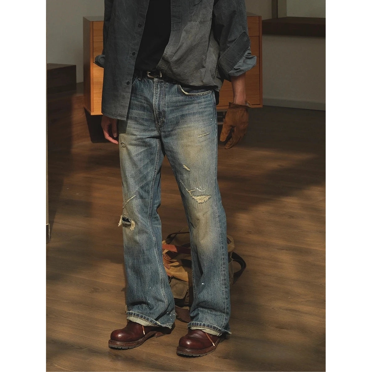 Men's Jeans Distressed Ripped Torn Faded Ombre Wash Straight Leg Non Stretch Long Men's Pants Streetwear Fashionable Trendy
