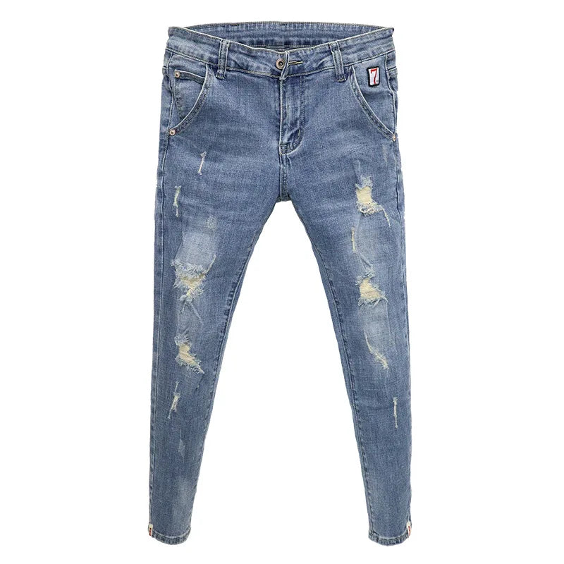 Light-colored Distressed Denim Cropped Trousers For Men Personality Slant Pocket Design, Embroidered Slim-fit Pencil Trousers