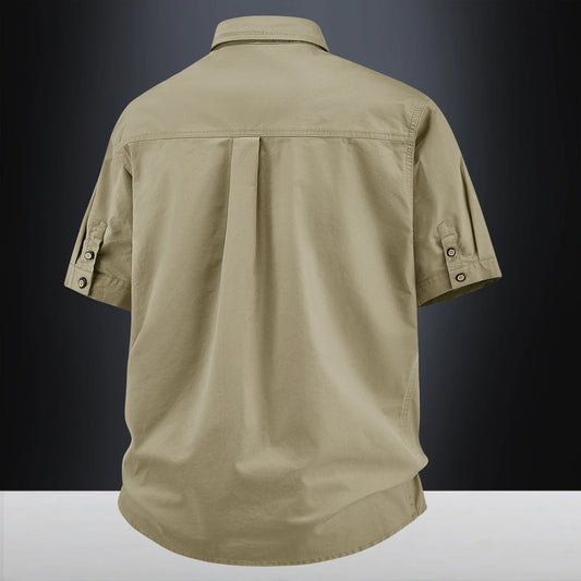 2026New Short-sleeved Shirt Men's Summer Casual Pure Cotton Washed Large Size Top Loose Solid Color Tooling Shirt Men's Clothing