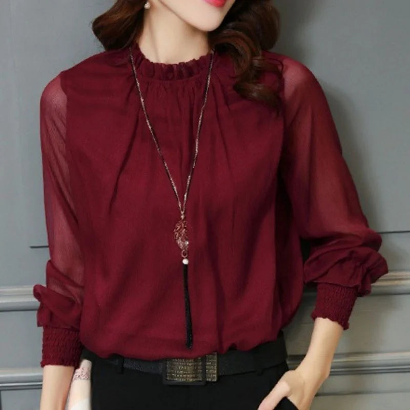 Spring Summer New Style Sexy Large Size Fashionable Mesh Chiffon Top with Lace Trim Stand Collar Base Shirt Women's Top