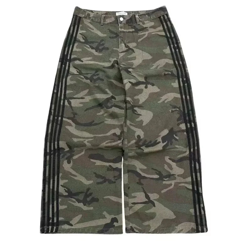 Retro Men's Y2K Baggy Jeans Camouflage Embroidered Striped Harajuku Sweatpants Women Hip Hop Streetwear Camo Wide Leg Denim Pant