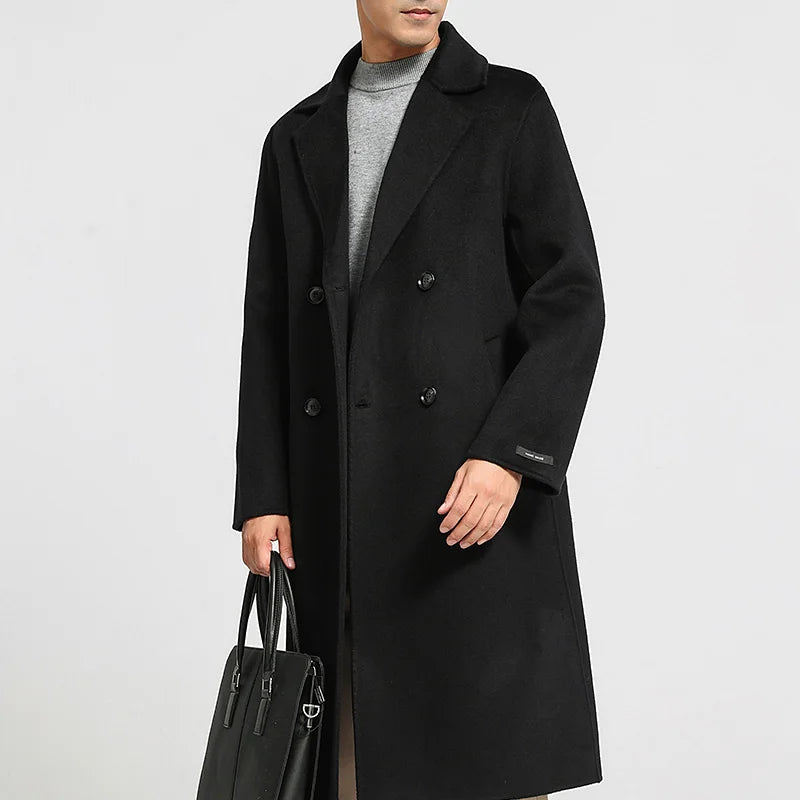 Autumn Winter New Over The Knee Double-sided Wool Coat 100% Wool Coat Men's Korean Suit Collar Wide Loose Wool Coat Light Luxury