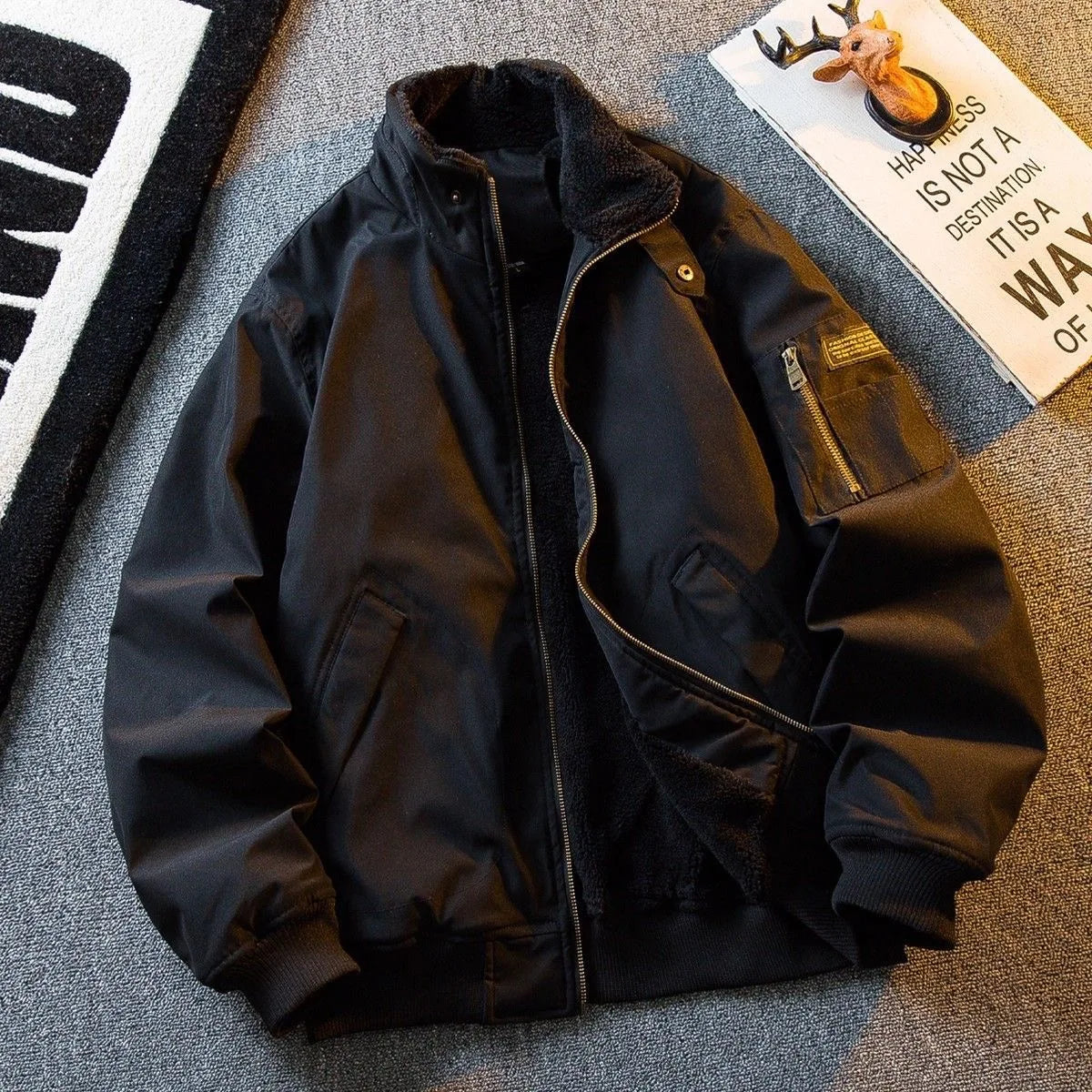 Men's Thickened Fleece Lined Flight Jacket Winter Warm Military Style Workwear Cotton Coat Outerwear Cleanfit Long Sleeve