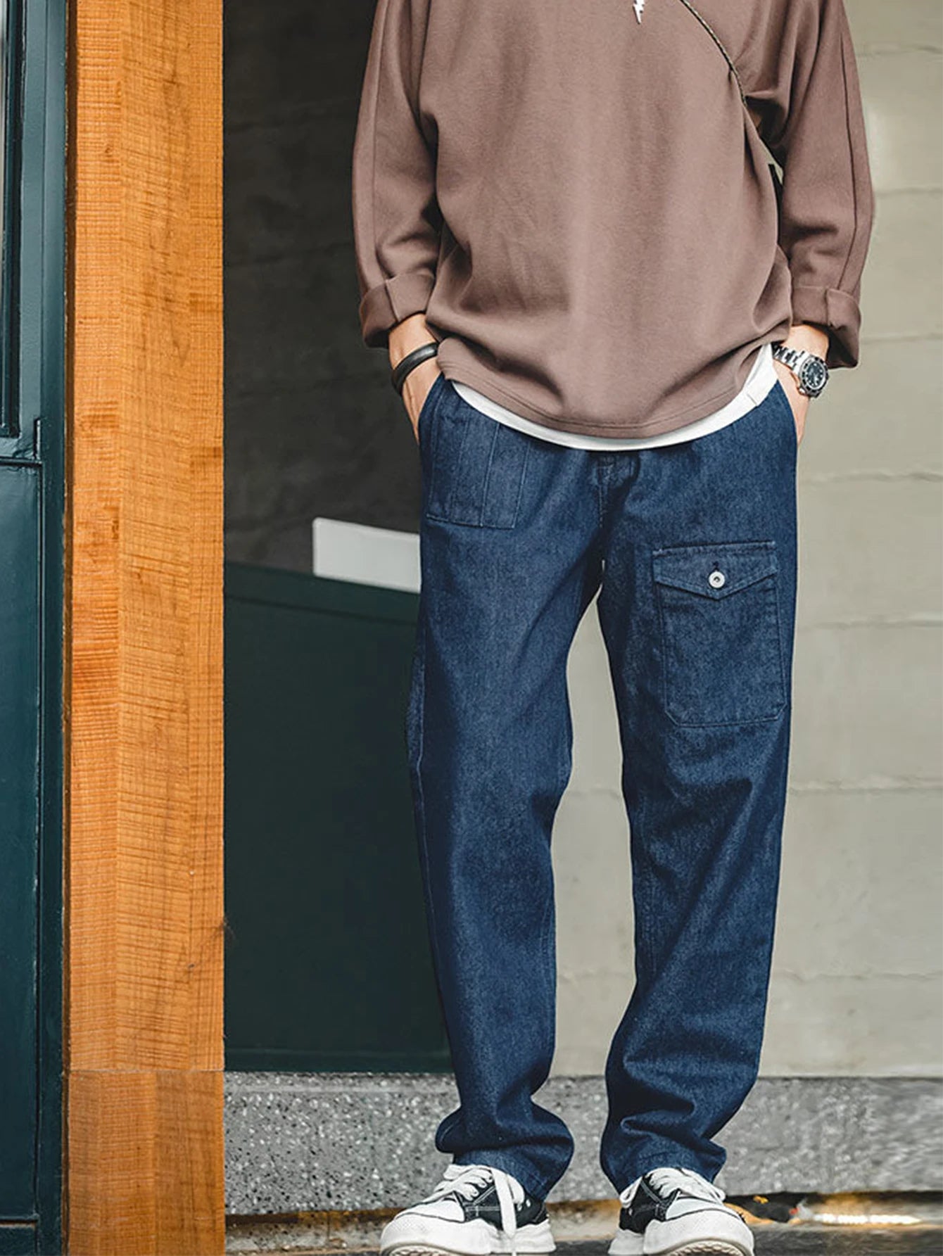 Elegant casual denim style Italian comfortable fabric button high waisted pants men's suit pants, suitable for daily commuting