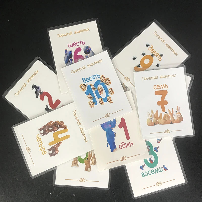 64pcs Russian Animals/Vegetables/Fruits/Number English Learning Card Learning Early Education Children's Games Word Pocket Card
