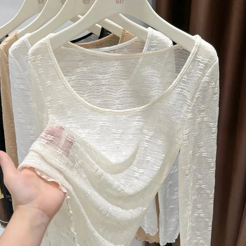 Sexy Lace Base Shirt Inner Wear Light Mesh Top Floral Trim Shoulder Exposure Thin Nylon Fabric Long Sleeve round Neck Spring ...