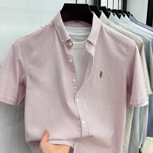 High End Brand Embroidered Striped Shirt Men's Short Sleeved Lapel Business Breathable Shirt Summer New Pure Cotton Jacket