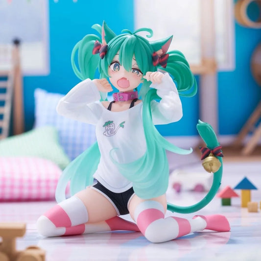 In stock Hatsune Miku Desktop Cute Action Figure 11cm Neko T-Shirt Ver. Anime Figurine Kawaii Model Toy Gift