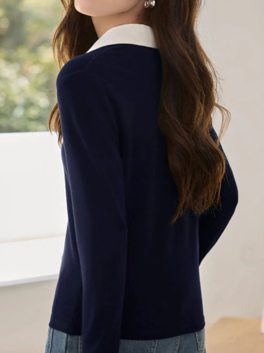 Women's solid color long-sleeved POLO shirt neckline contrast design, spring and autumn fashion casual daily knitted tops.