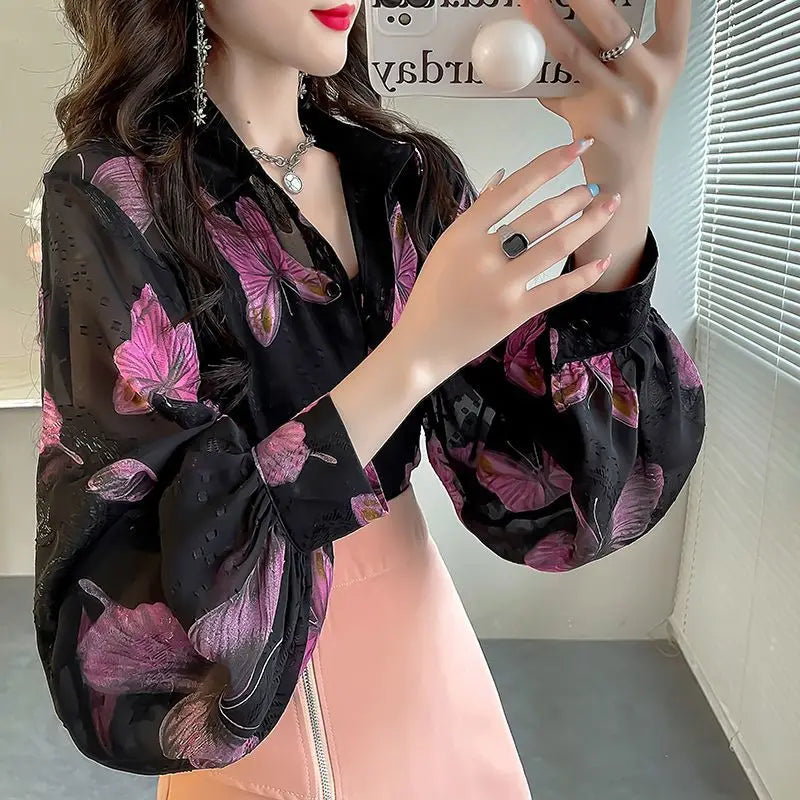 Elegant Ladylike Print Loose Lantern Sleeve Chiffon Shirt Collar Long Sleeve Regular Fit Commute Style Women's...