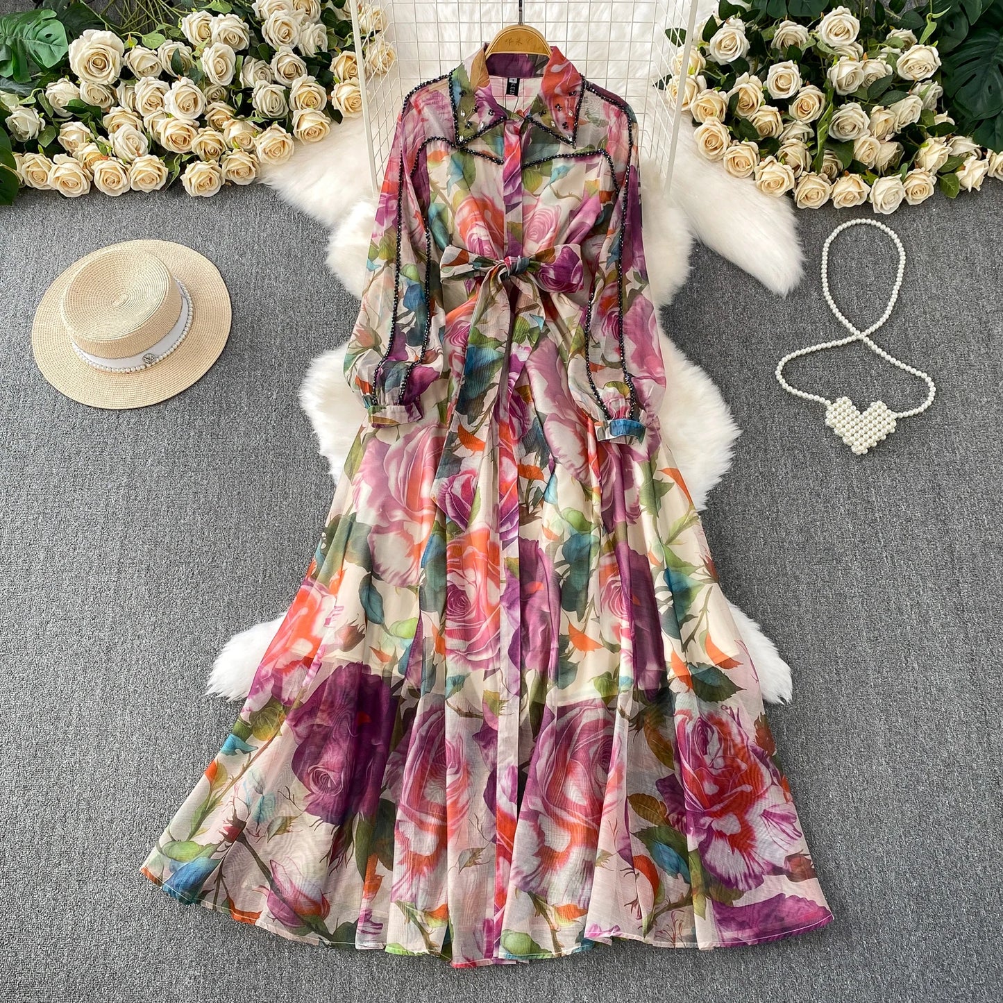 Gemstone Embedded Diamond Collar Dr Women's Autumn Slimming Beautiful Holiday Print Full Skirt Long Dr