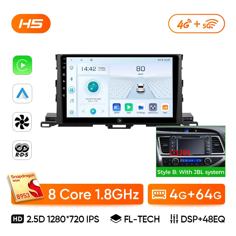 Ainavi Car Multimedia Player For Toyota Highlander 2014 2015 2016 2017 2018 2019 wireless Carplay Android Auto 4G Wifi 2din