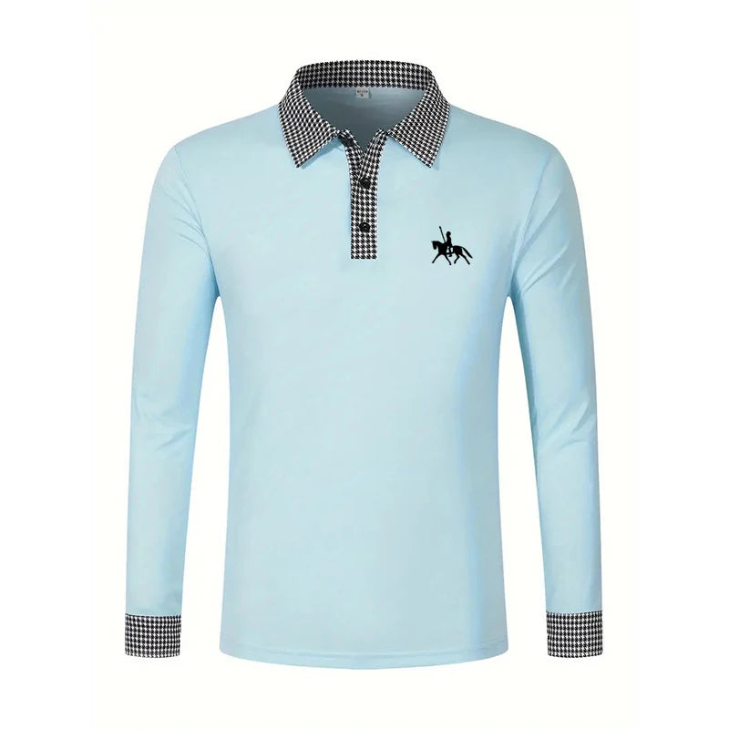 Men's Houndstooth Patchwork Long Sleeve Polo Shirt Classic Casual Business Tops Breathable Lightweight Knitwear for Spring Fall