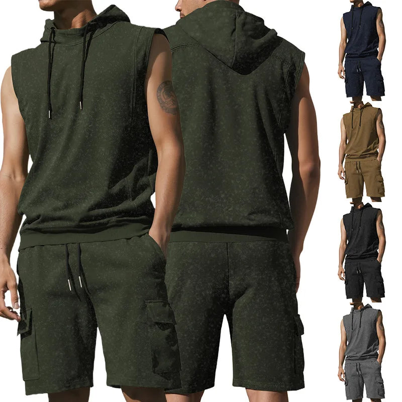 Men’s Sleeveless Hoodie and Shorts Set 2 Piece Workout Outfit Gym Sportswear 2026