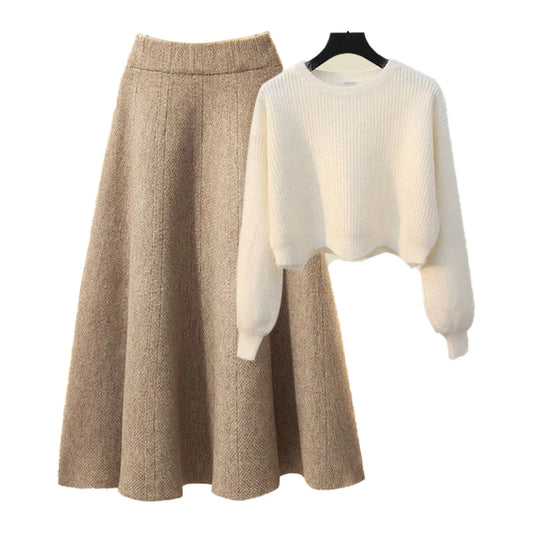 plus Size Women's Autumn Winter Knitted Sweater White Half-length Skirt Two-piece Set Slimming Concealing Anti-aging