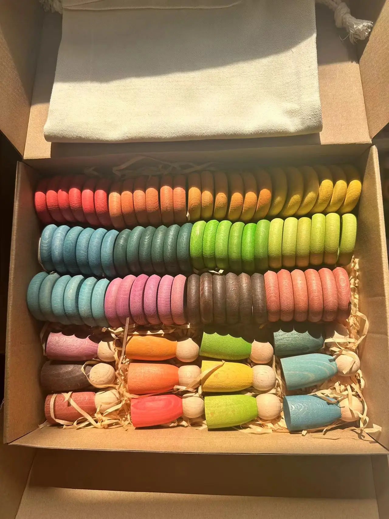 Kids Wooden Toys Beech Rainbow Coins and Rings Stacking Blocks with Peg Dolls Loose Parts