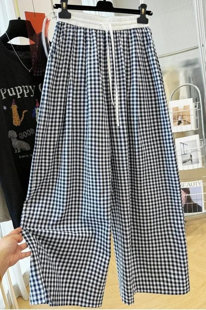 Retro Plaid Wide Leg Straight Pants Women Summer Thin Loose Casual Trousers 2026 Hot Fashion Youthful All-match Daily Pants