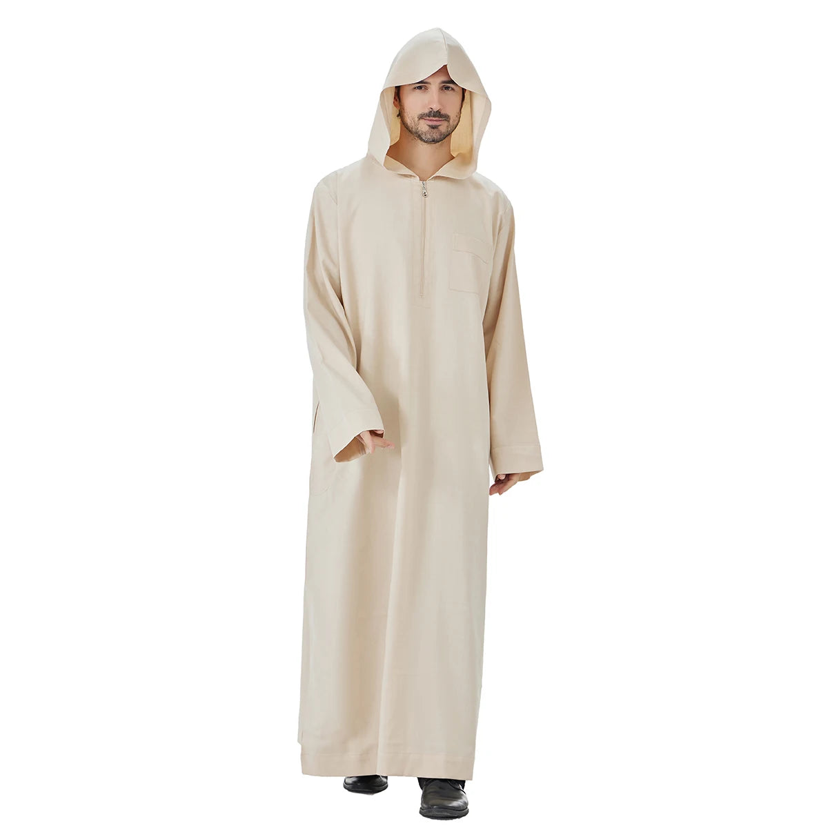 TH848 Men's Muslim Middle Eastern Men Long Sleeves Hooded Solid Color Zipper Robe Arab Male Jubba Thobe
