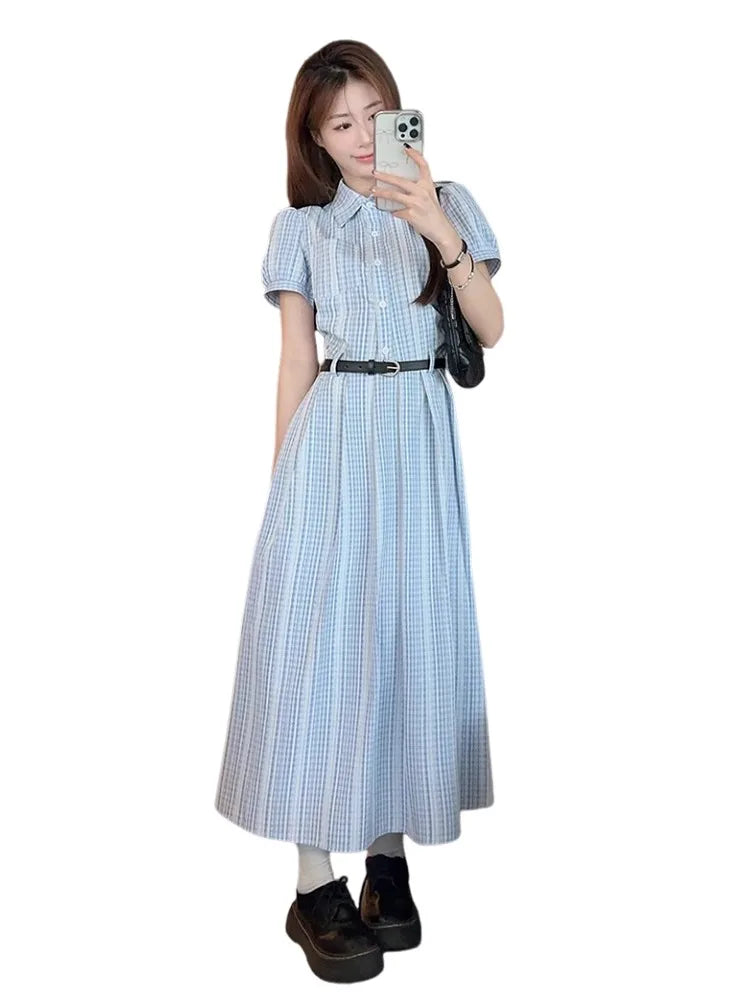 Gentle Wind Beautiful Blue Shirt Dress Women's Summer High-End Waist-Cinching Student Long Skirt Elegant Short Sleeve Knitted...