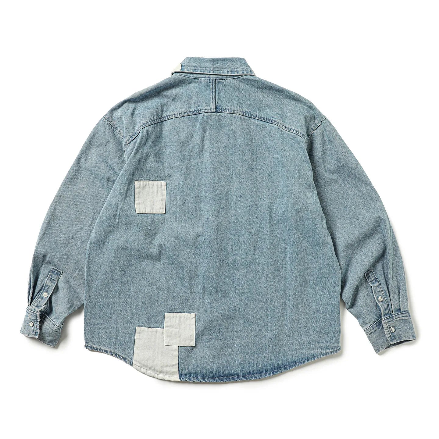 Japanese Retro Made Denim Shirt with Old Stickers Spring Long Sleeved Casual Top for Men and Women