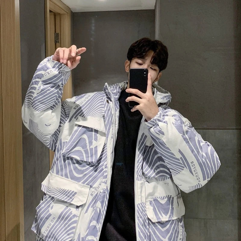 Trending on Instagram Winter Parka for Men Korean Loose Fit Cotton Coat with Traditional Chinese Blue White Print