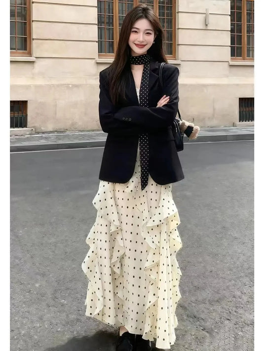 Black Suit And Polka Dot Dress Two-Piece Set for Women Early Spring Fashion Slimming Effect Ribbon Detail Long Sleeve Button-Up