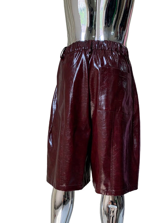 Mauroicardi Autumn Cool Handsome Waterproof Shiny Burgundy Pu Leather Straight Shorts for Men High Waist Luxury Designer Clothes