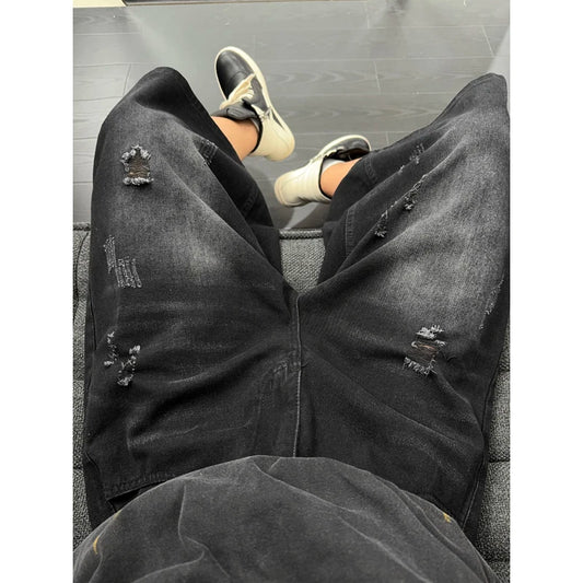 Unisex American Ins High Street Loose Straight Seven-Point Jeans Ripped Distressed Denim Shorts Summer Casual Streetwear
