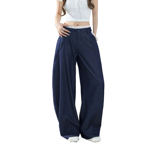 American-style retro loose wide-leg pants, lightweight curved pants, cool lace splicing, versatile casual pants for women