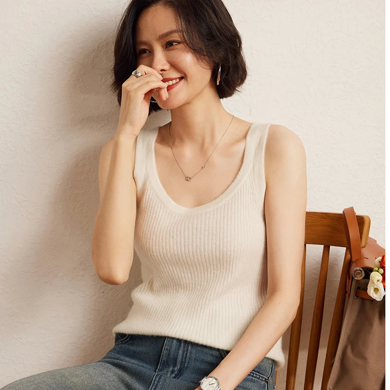New Women Sexy 100% Cashmere High Elasticity Vest Crop Fashion Tops O-Neck Tank Soft Warm Ladies Knit Camisole Basic Bottom Vest