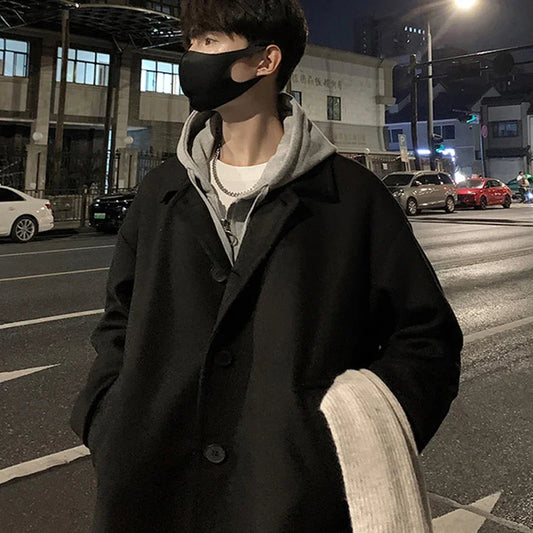 TFETTERS Brand Long Coat Man 2026 New Autumn Winter Turn Down Collar Solid Color Woollen Overcoat Mens Korean Fashion Streetwear
