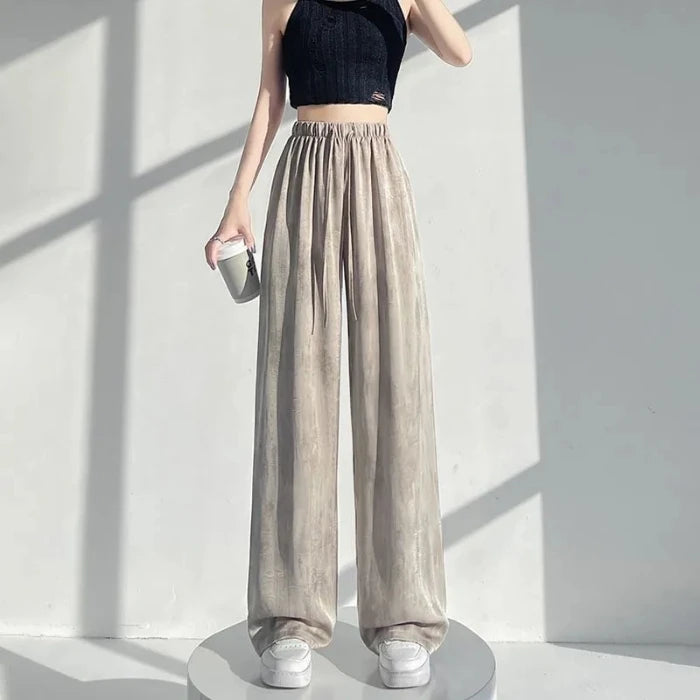 Summer Thin Ice Silk Satin Dyed Wide Leg Pants Women Loose Casual Drape High Waist Slimming Pants Ins Straight Leg Elastic Wa...