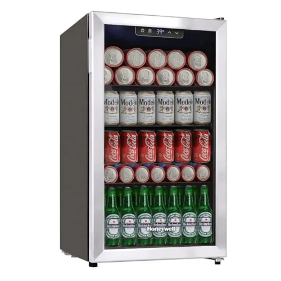 Beverage Refrigerator and Cooler, Mini Fridge with Glass Door for Soda Beer or Wine in Office or Bar Use, Stainless Steel, Blac