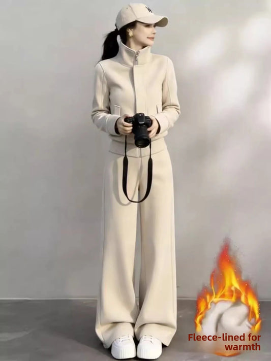 Korean Style Fleece Lined Thick Casual Sportswear Set Women Winter Stand Collar Jacket Wide Leg Pants Sweatshirt Two Piece Set