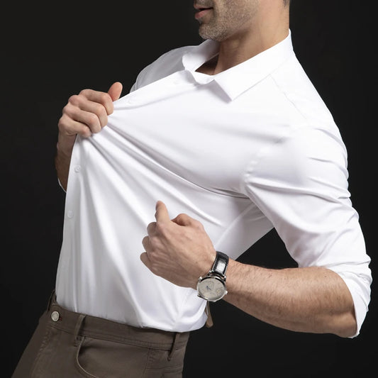 New elastic long sleeved shirt for men's fashion, business, leisure, solid color non ironing, professional men's white shirt