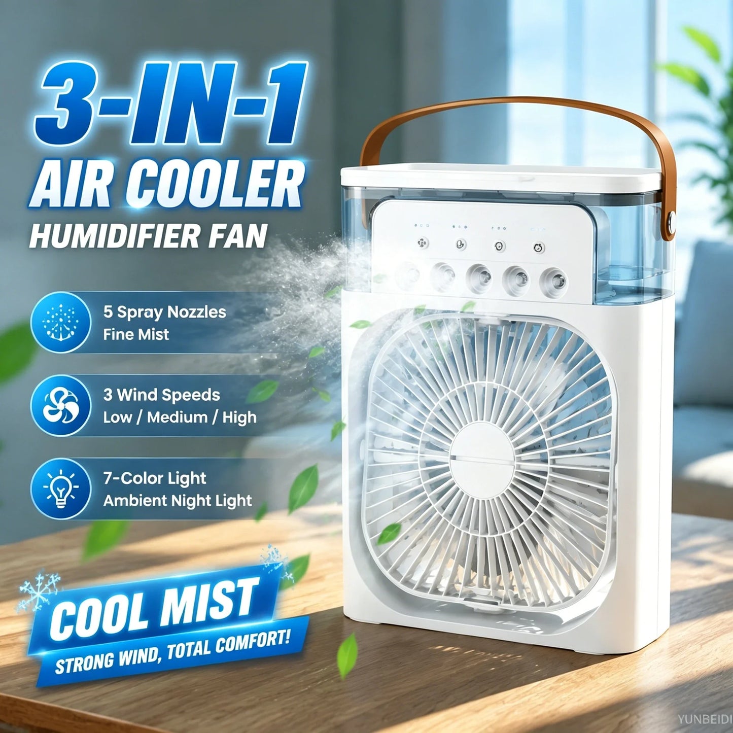 Three-in-one Fan Air Conditioner LED Light Portable Humidifier Air Conditioner Fan 3/4 Wind Speed Outdoor Travel Water Spray Fan