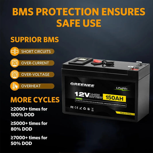 12V 150Ah Lithium LiFePO4 Deep Cycle Battery 4000+ Cycles Rechargeable Battery Lithium Iron Phosphate for Solar Wind Power