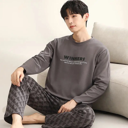2024 Autumn Long Sleeve 100% Cotton Pajamas Sets for Men Korean Loose High Quality Sleepwear Pyjamas Male Homewear Home Clothes