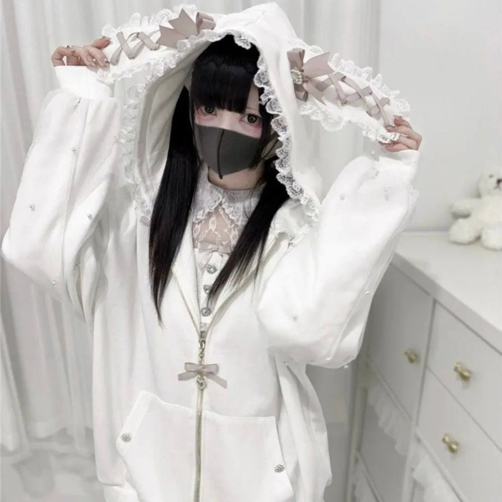 Long Sleeve Strapped Rabbit Ear Hoodie Thick Warm Lolita JK Cardigans Women Y2K Ladies Top Winter Autumn Lace Bow Coats Female
