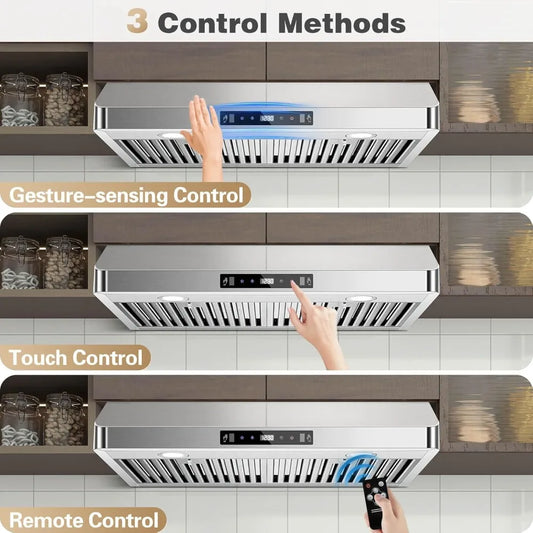 30 Inch Under Cabinet Range Hood, 700CFM Ducted/Ductless with Touch/Gesture/Remote Control, 3-Speed, Stainless Steel