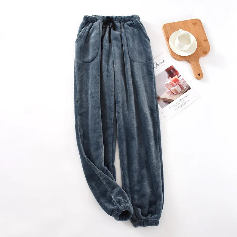 Mens Winter Fleece Lined Sleep Pants Warm Thickened Flannel Lounge Pants Elastic Cuff Homewear