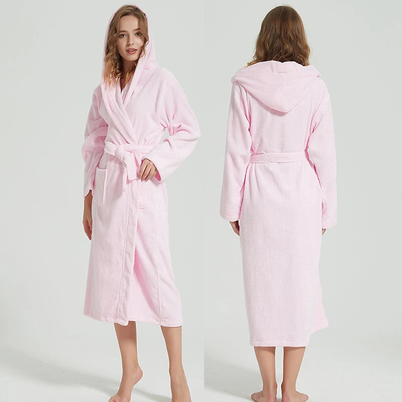 Hooded Bathrobe Men 100% Cotton Hooded Women Sleepwear Nightgown Towel Fleece Thick Long Soft Autumn Winter White Home Hotel