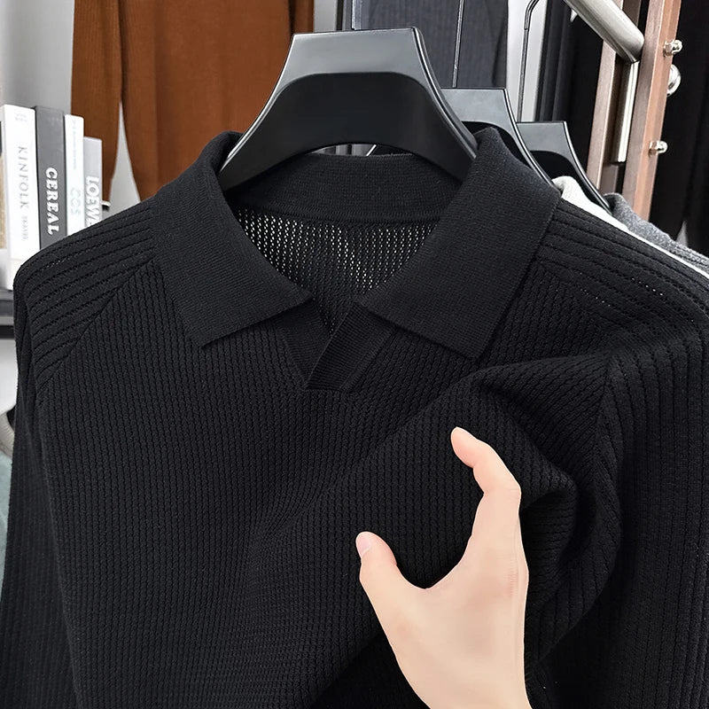Men's 100% Cotton Long Sleeve Polo Shirt Pineapple Texture Seagull Collar Shape Retaining Wrinkle-Free Hot Seller Casual Fashion